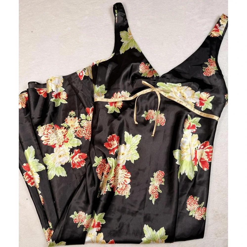 Jones New York Gown Womens Medium Black Floral Satin Chemise Adjustable Strap